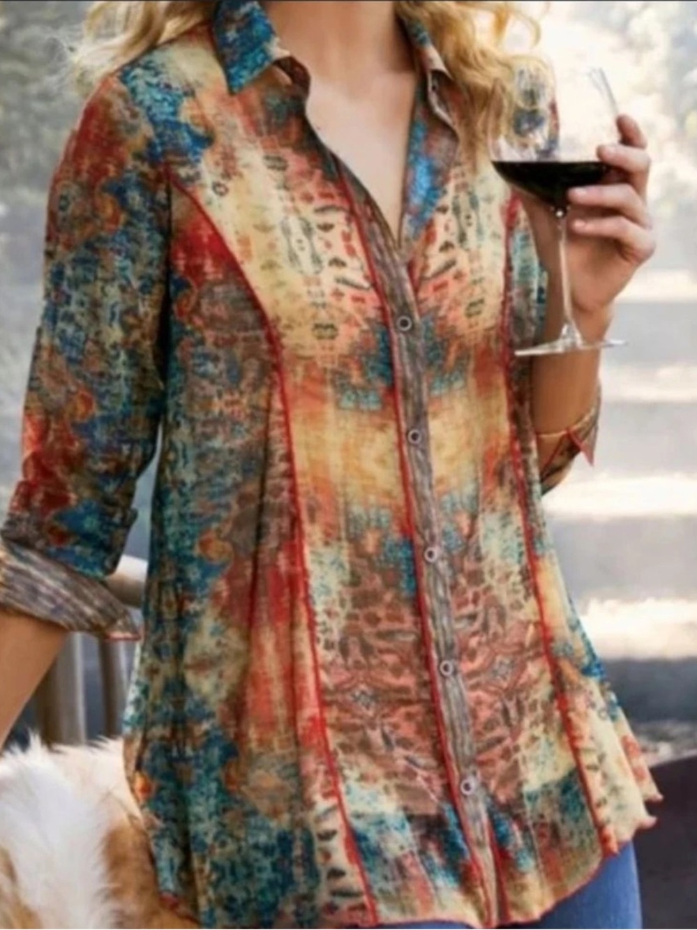 Soft Surroundings Safra Multicolor Button-Front Printed Shirt